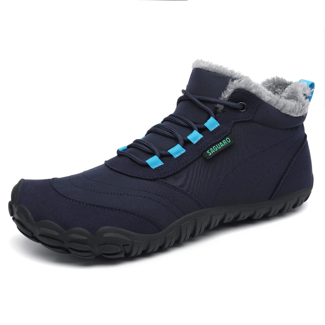 Botas barefoot de invierno color azul con forro térmico y suela flexible zero drop.