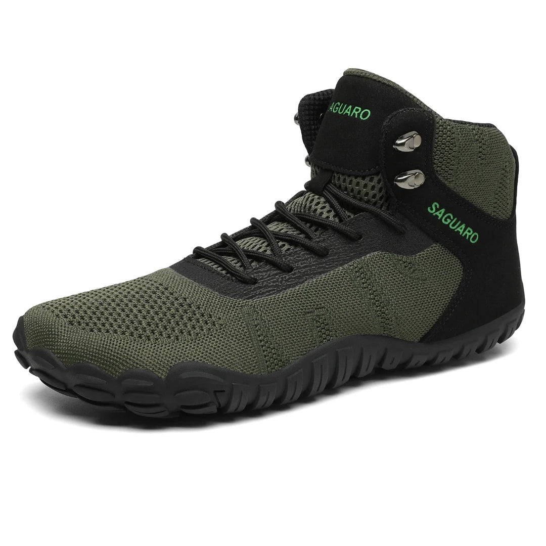 Botas de trekking barefoot verde militar Saguaro Vitality V, calzado respetuoso y resistente para montaña en Chile.