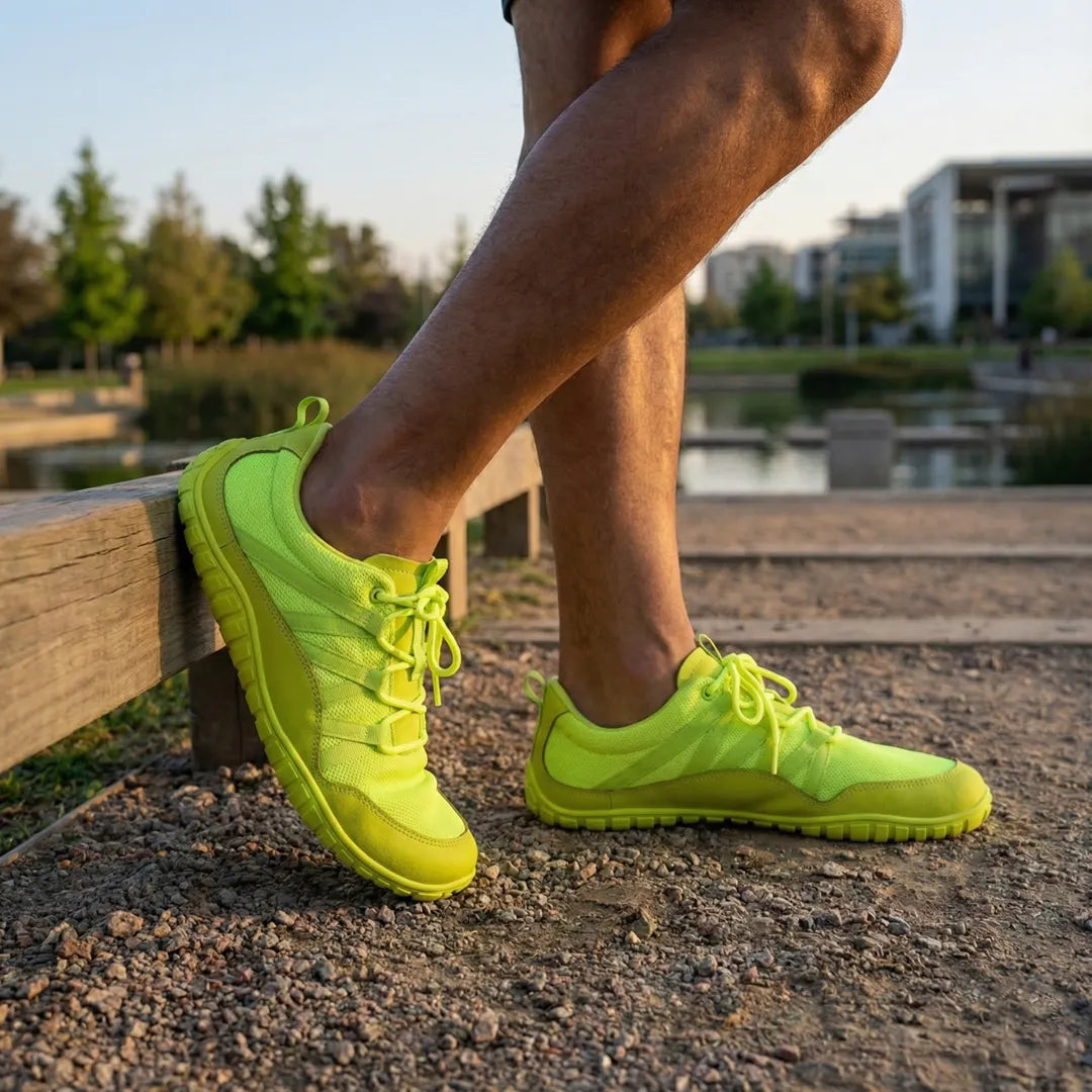 Calzado barefoot hombre Saguaro Forestep II verde flúor en uso sobre terreno de parque.