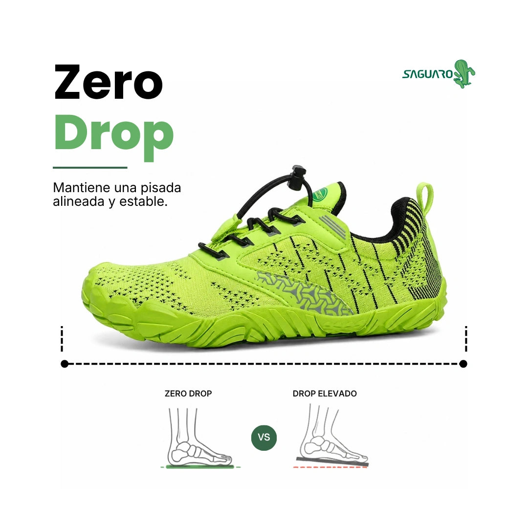 Saguaro Kids Free I verde fluor zero drop — zapatilla barefoot infantil verde fluor suela plana Chile