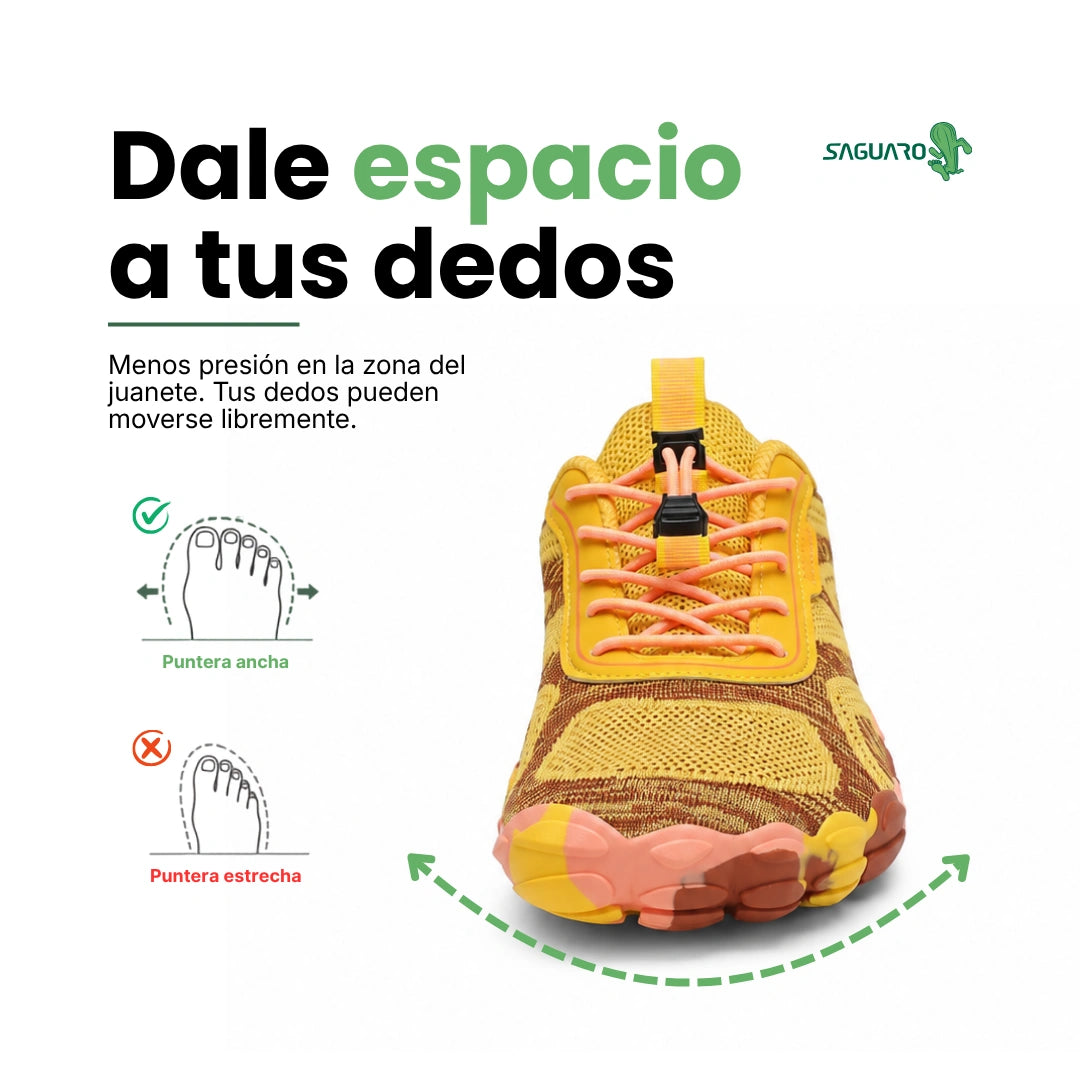 Vista superior que muestra el sistema de ajuste rápido y la horma ancha del calzado barefoot.