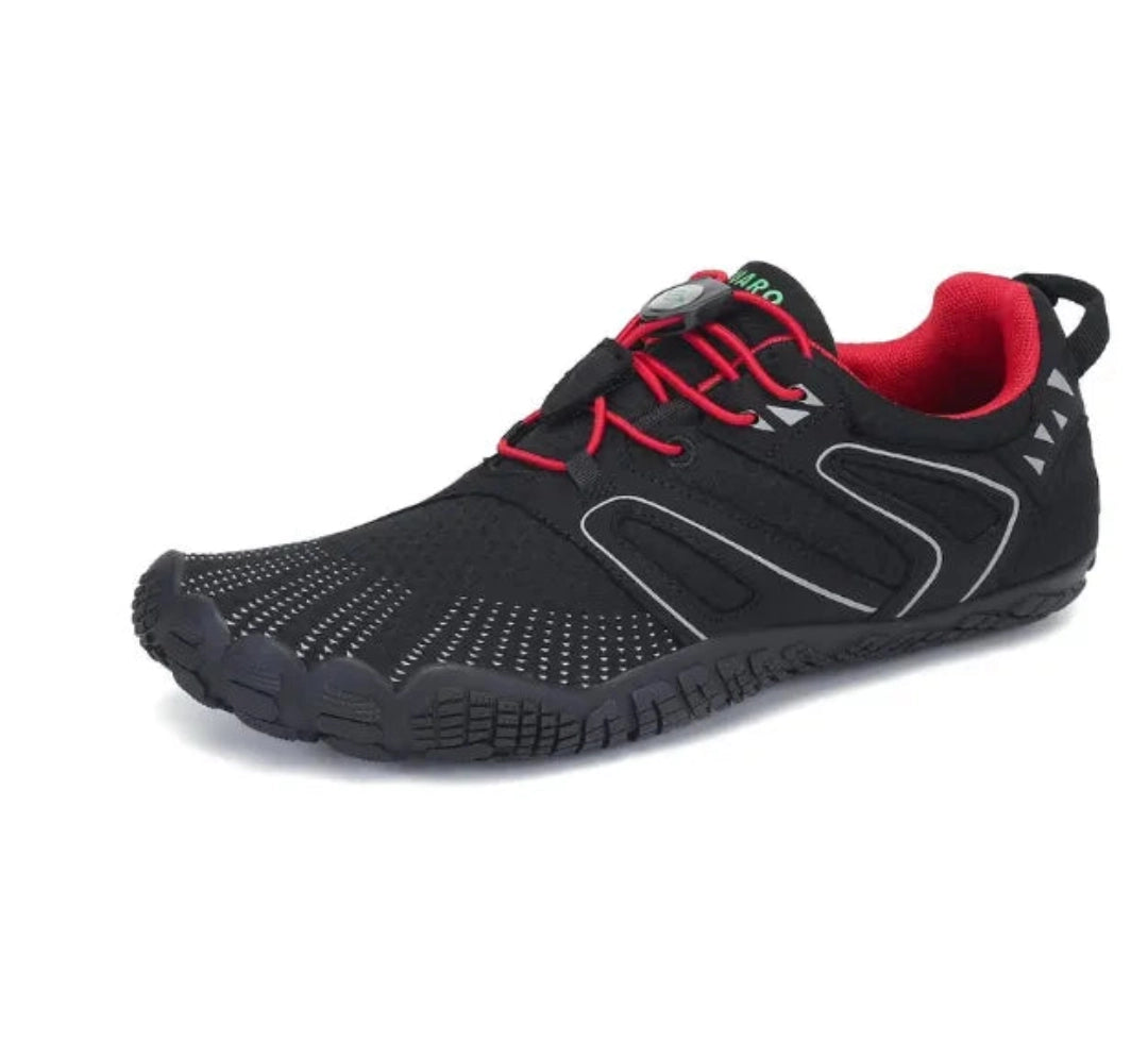 Zapatillas Saguaro Vitality IV rojas vista lateral mostrando diseño barefoot minimalista.