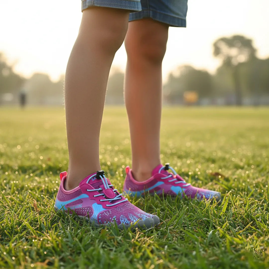 Niña utilizando Zapatillas barefoot Saguaro Kids Fast I rosa en un parque.